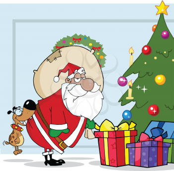Royalty Free Clipart Image of Santa Delivering Presents and a Dog Biting Him