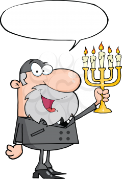 Royalty Free Clipart Image of a Man With a Menorah and a Speech Bubble