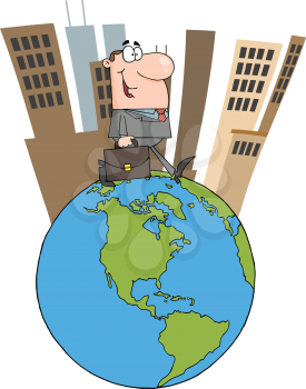 Royalty Free Clipart Image of a Businessman on the World With Buildings Behind Him