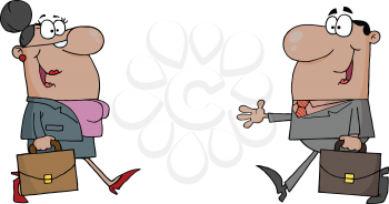 Royalty Free Clipart Image of a Man With a Suitcase Meeting a Woman With a Suitcase
