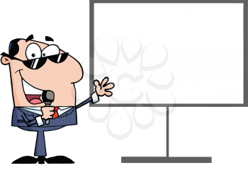 Royalty Free Clipart Image of a Man With a Microphone at a Blank Sign