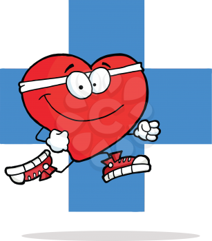 Royalty Free Clipart Image of a Running Heart on a Blue Cross