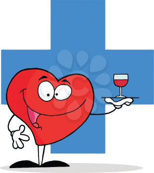 Royalty Free Clipart Image of a Heart With Wine in Front of a Blue Cross
