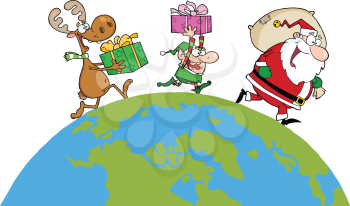 Royalty Free Clipart Image of a Reindeer Elf and Santa Delivering Gifts on Top of the World