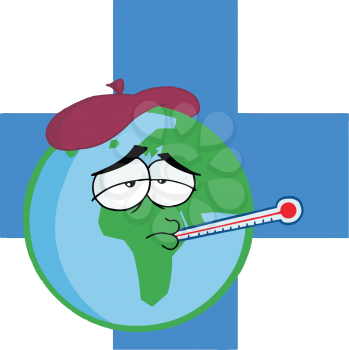 Royalty Free Clipart Image of The World With a Thermometer in Its Mouth and an Ice Pack on Its Head