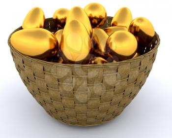 Royalty Free Clipart Image of a Basket of Golden Eggs
