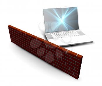 Royalty Free Clipart Image of a Laptop Against a Brick Wall