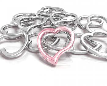 Royalty Free Clipart Image of Metallic Hearts With a Pink One in the Foreground