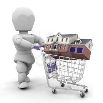 Royalty Free Clipart Image of a Person With a House in a Shopping Cart