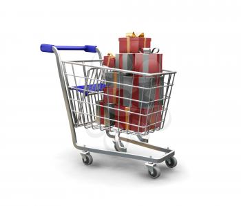 Royalty Free Clipart Image of a Shopping Cart With Christmas Presents
