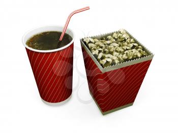 3D render of a soda drink and a carton of popcorn
