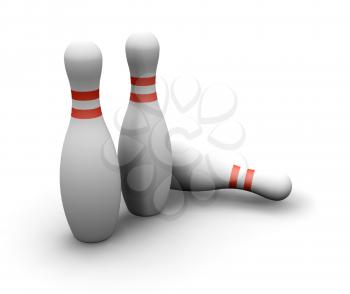 Royalty Free Clipart Image of Three Bowling Pins With One Fallen