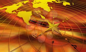 Compass with world map on abstract background