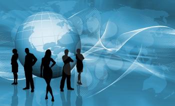 Silhouettes of a business team on abstract globe background
