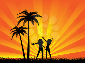 Silhouettes of females dancing under palm trees