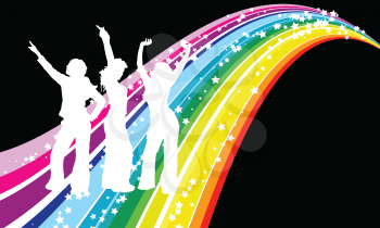 Silhouettes of people dancing on rainbow background