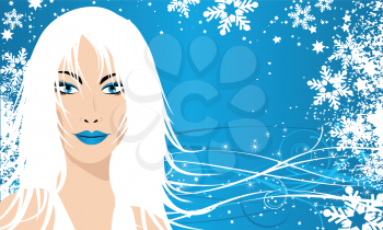 Female face on snowy background