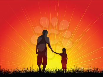 Silhouette of a father and his daughter walking