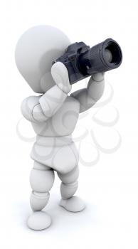 3D render of a man using a camera with a zoom lens