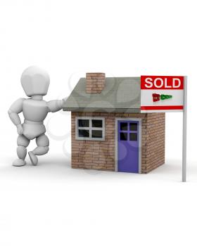 3d render of a man leaning on a house with sold sign
