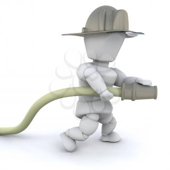 3D firefighter man with helmet and hose isolated