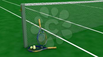 3d render of tennis racquet and balls