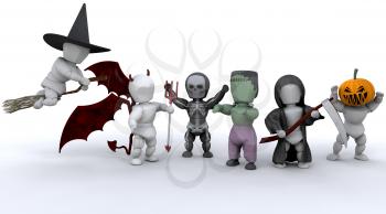 3D render of men in halloween party outfits