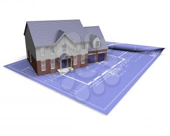 3D render of a modern house on blueprints