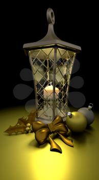 3D render of traditional christmas lantern with candle and decorations