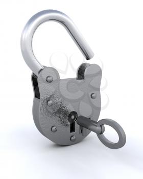 3D Security padlock opened with a key - isolated 