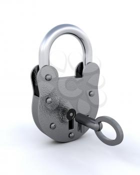 3D locked padlock with a key isolated 