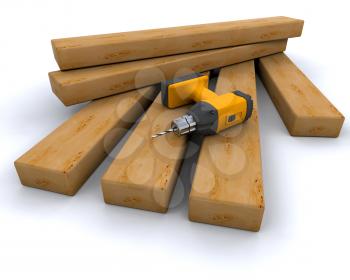 3D render of a power drill with wooden planks
