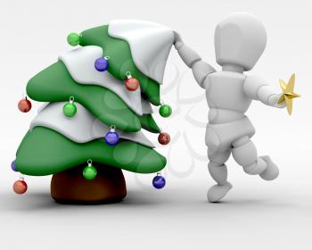 3D render of a man placing the star atop a christmas tree
