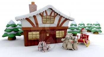 3d render of santa and a winter cabin and christmas trees