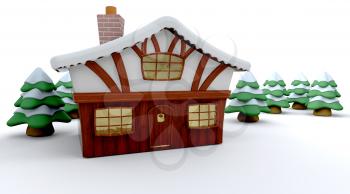 3d render of a winter cabin and christmas trees