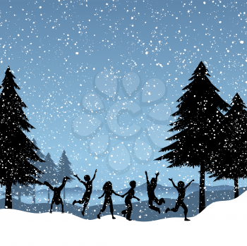 Silhouettes of children playing in the snow