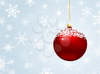 Snowflake background with snowy Christmas bauble
