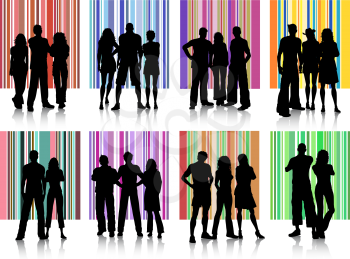 Silhouettes of various groups of people on retro backgrounds