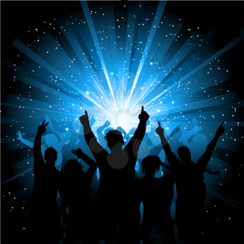 Silhouettes of people dancing on starburst background