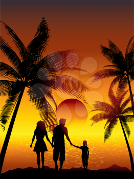 Silhouettes of a family walking on a tropical beach