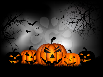 Spooky Halloween background with pumpkins and bats