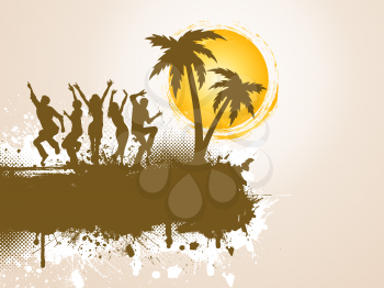 Silhouettes of people dancing on grunge palm tree background