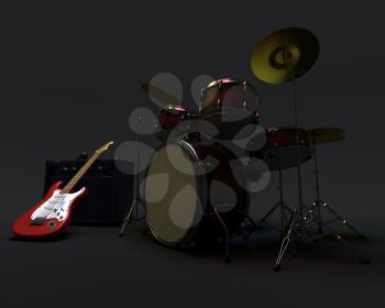 3d render of a guitar amplifier and drum kit