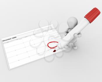 3D render of a man with marker marking the date on a calender