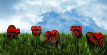 3d Render of easter eggs in a spring field with bows