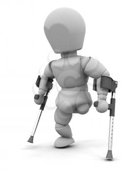 3d render of an amputee on crutches