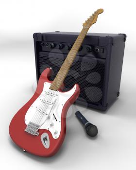 3D render of an electric guitar, speaker and a microphone