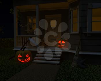 3D render of halloween jack-o-lantern pumpkins on doorstep