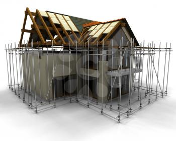 3D render of contemporary house under construction with scaffold