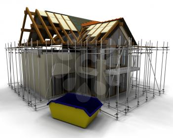 3D render of contemporary house under construction with scaffold